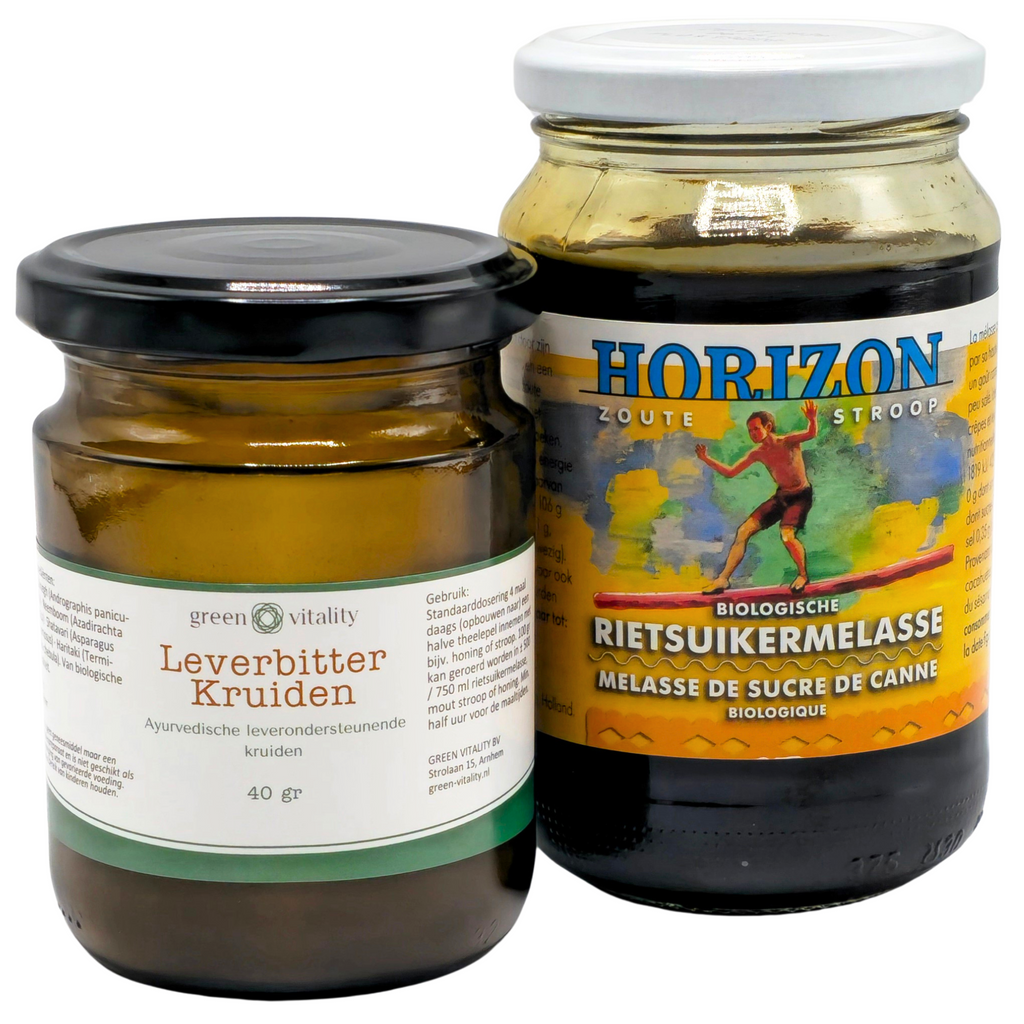 Green Vitality set Ayurvedische kruiden voor de lever 40 gram en rietsuikermelasse Horizon 450 gram